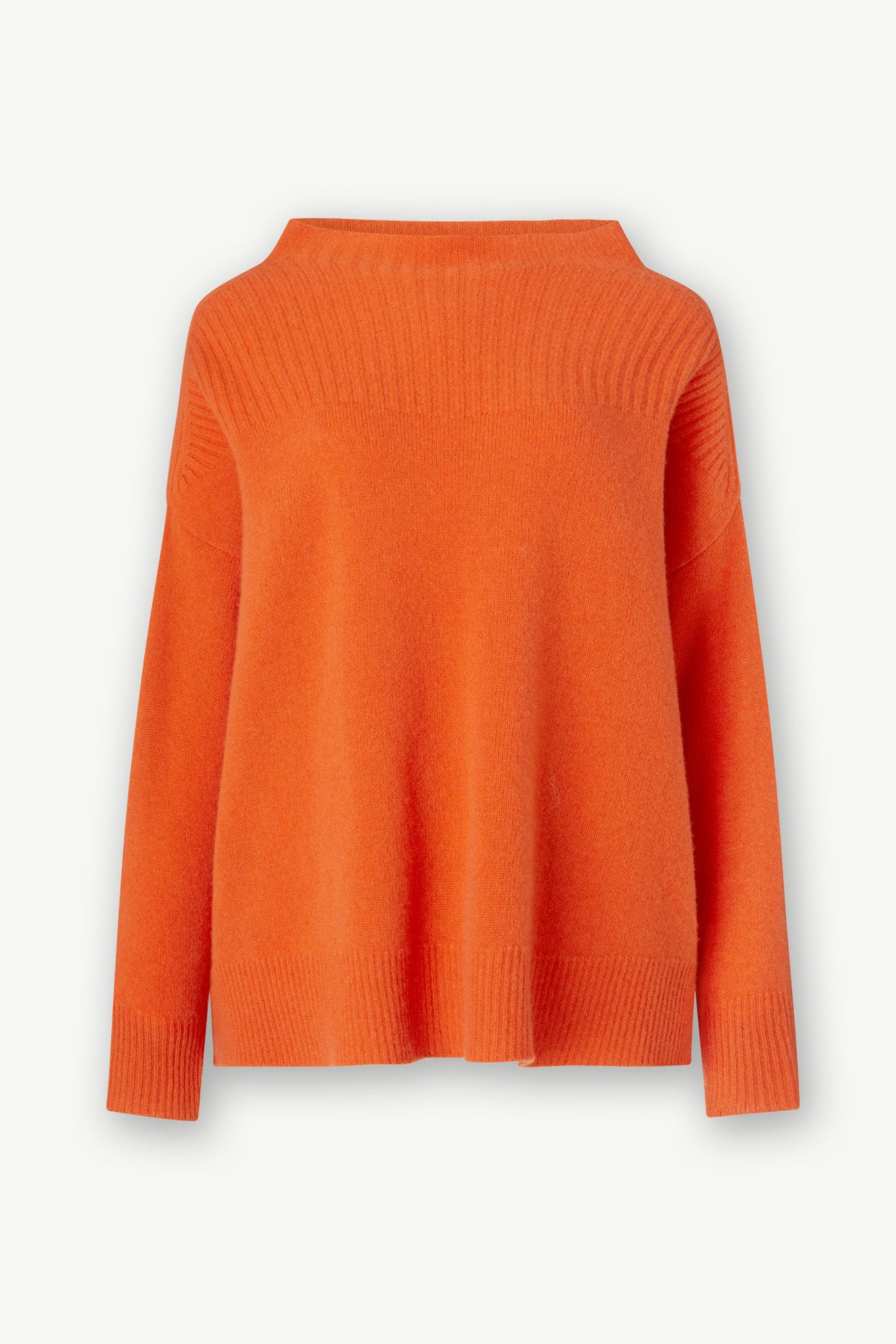 Cashmere Blend Rib Turtle Neck: Orange with long sleeves and ribbed detailing on the shoulders, neckline, cuffs, and hem—a cold-weather staple in bright happy colors.