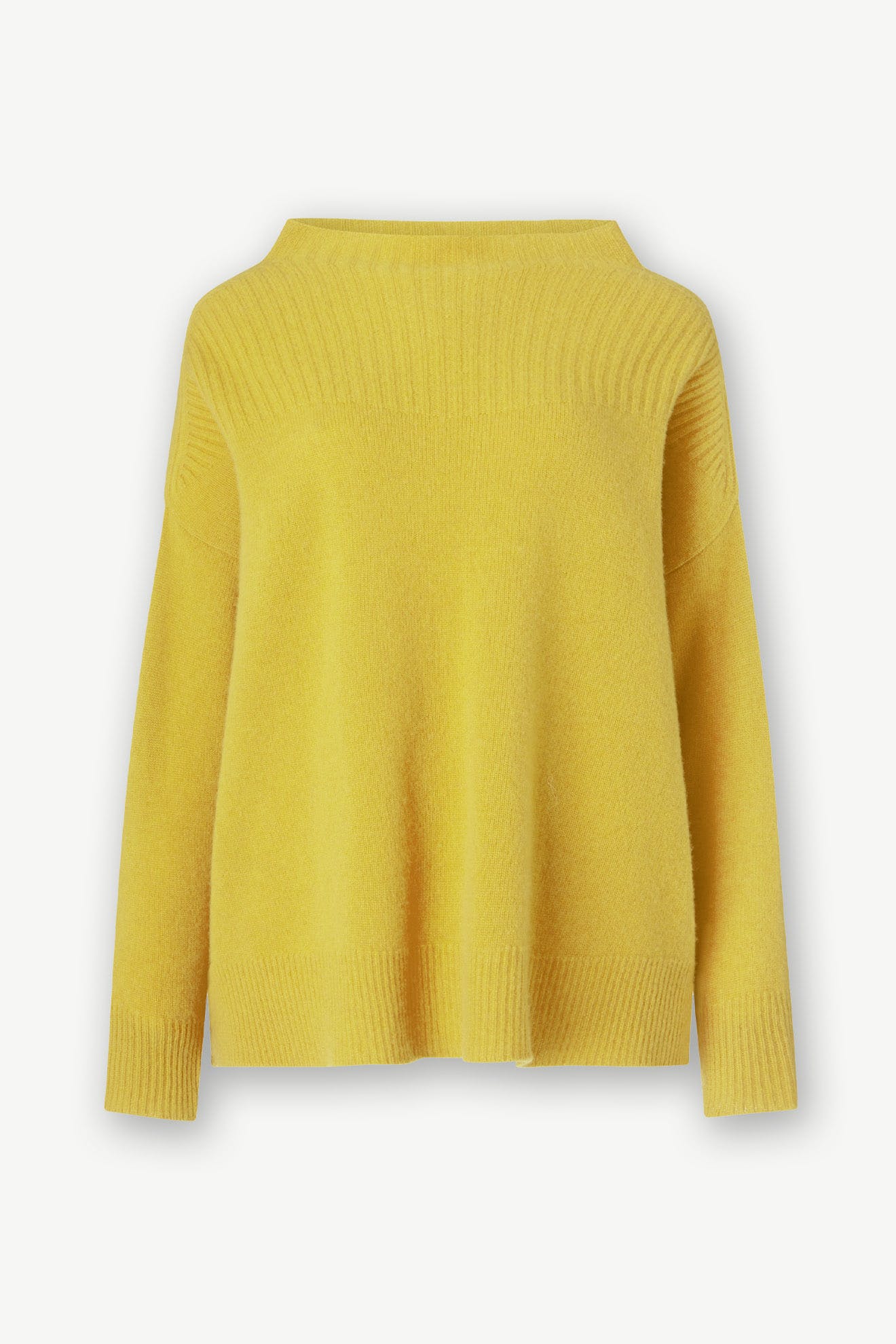 Bright yellow, long-sleeve Cashmere Blend Rib Turtle Neck sweater with ribbed neckline, cuffs, and hem—your new cold-weather staple.