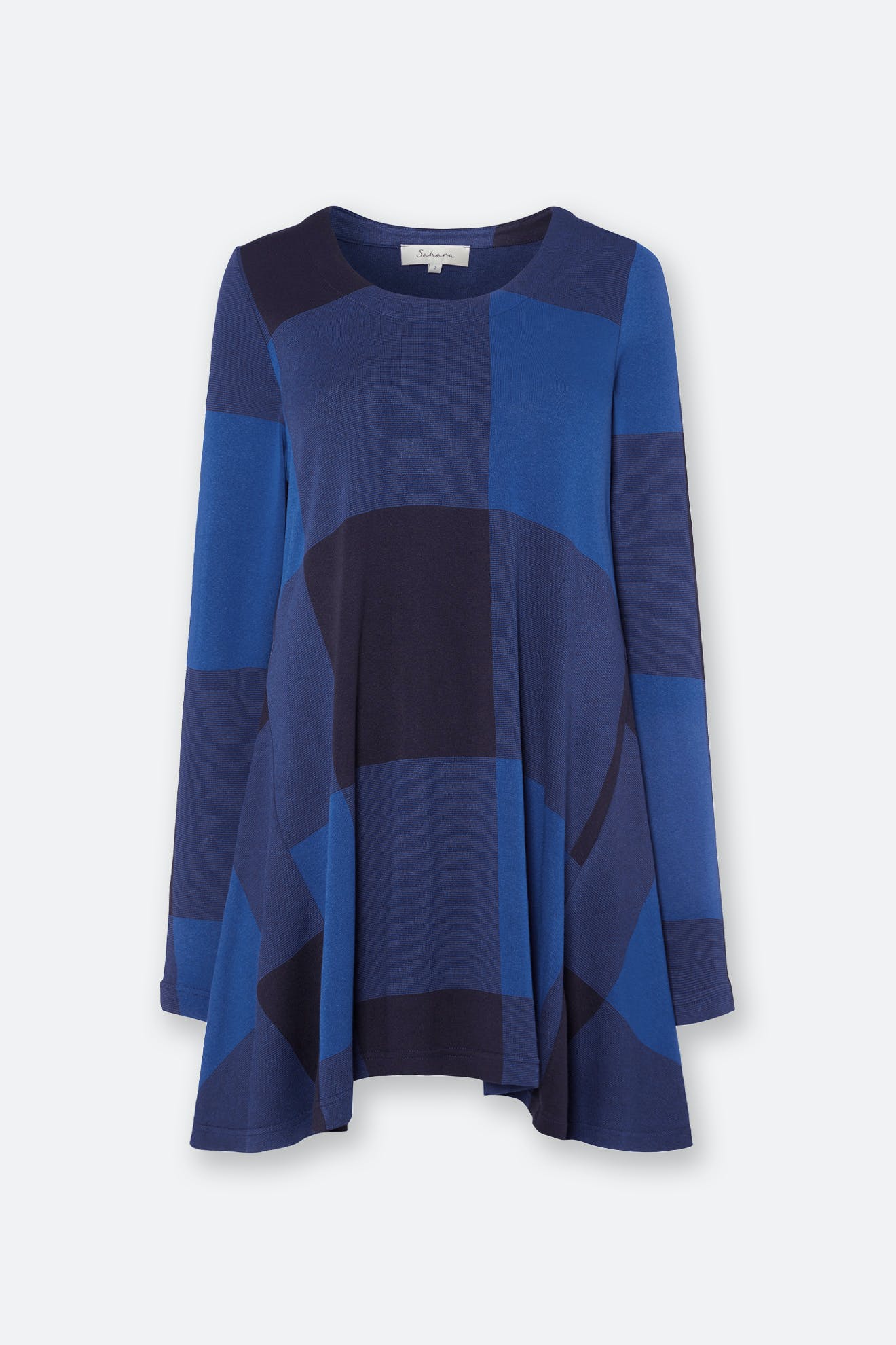 Introducing our Large Check Jersey Flared Top, a long-sleeved A-line tunic featuring a fluid silhouette and an abstract geometric blue and black pattern on a pale background. Crafted from soft jersey for ultimate comfort.