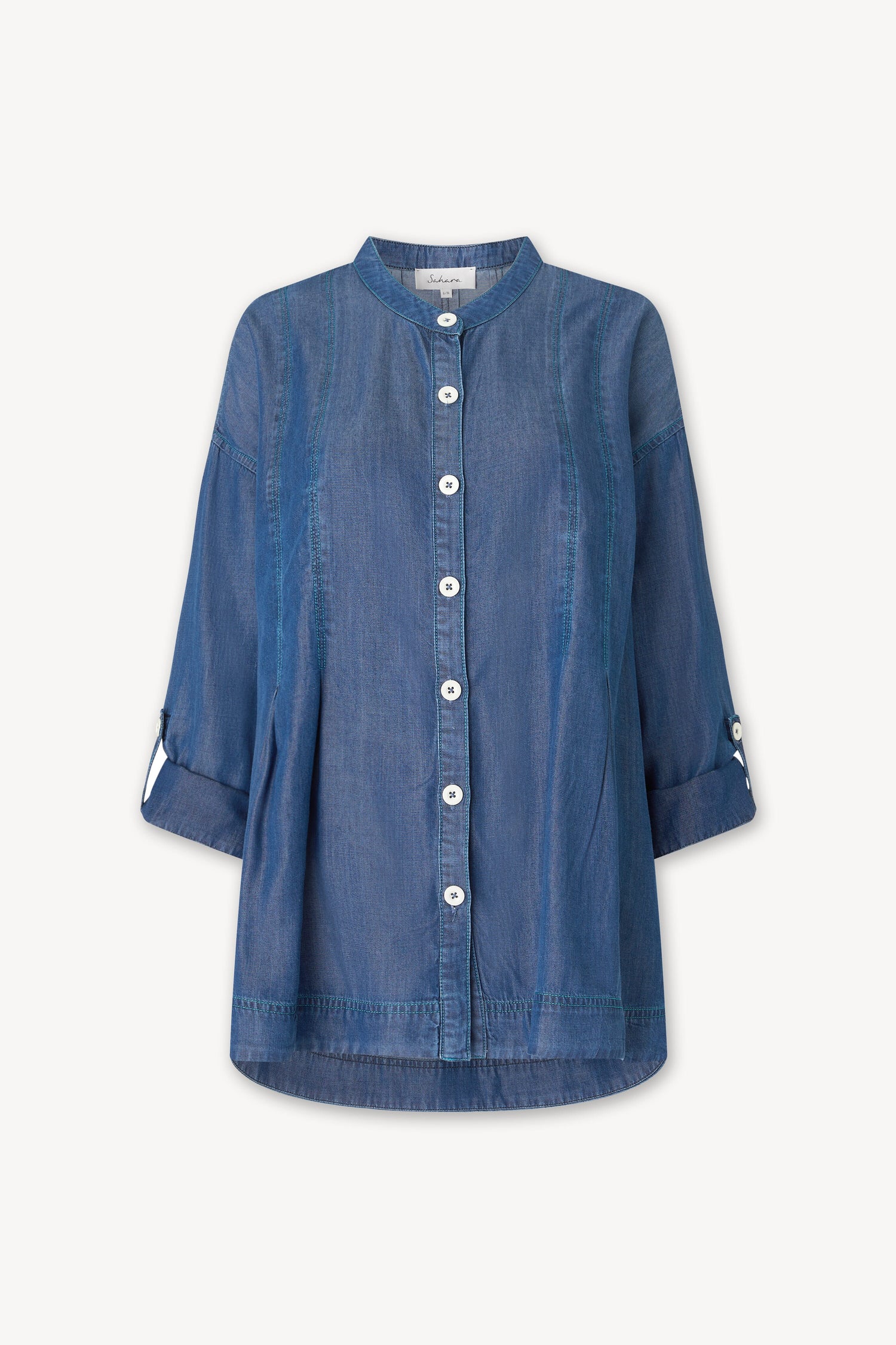 Fluid Denim Relaxed Shirt with button-up front, three-quarter sleeves, and visible vertical stitching, displayed on a white background.