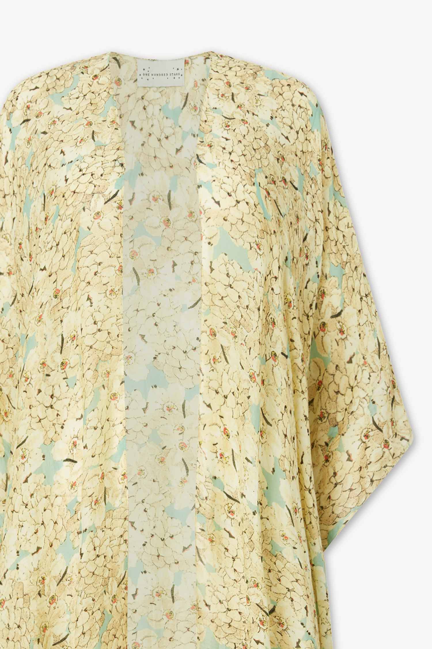 A close-up of the Blossom Blue Throwover, a lightweight kimono ideal as a beach coverup, showcasing cream and pale yellow floral patterns on a light blue background.