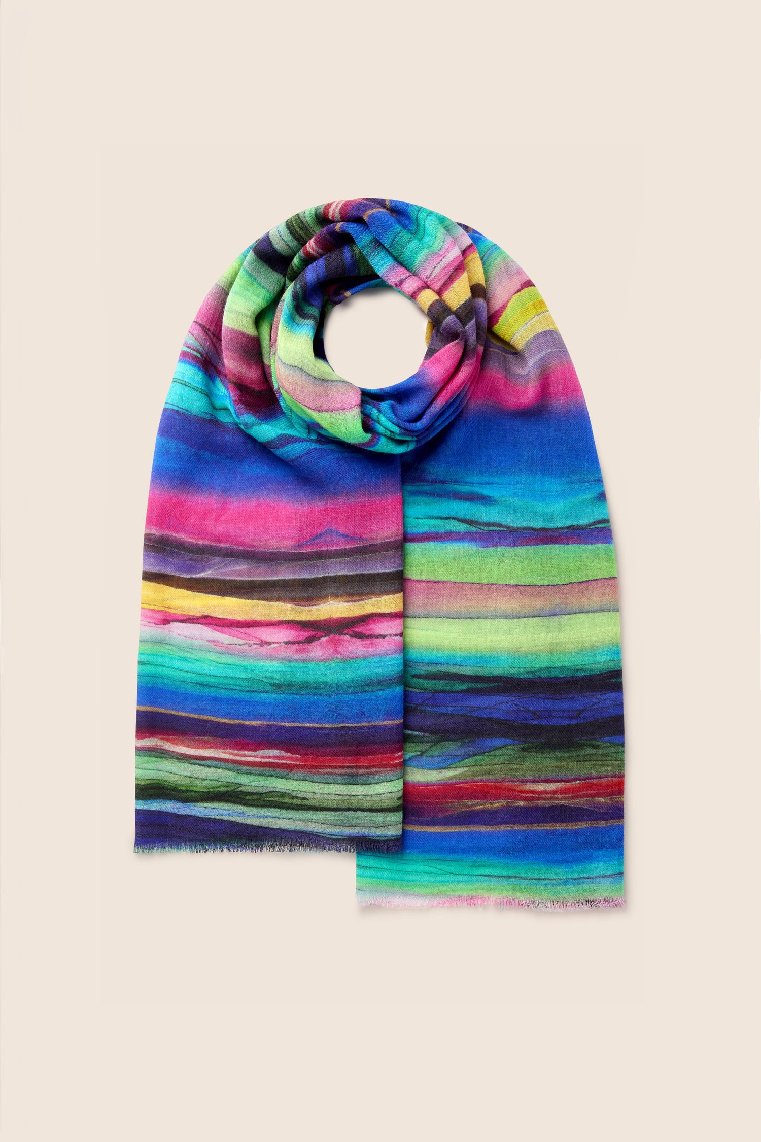 Introducing the Watercolour Landscape Wool Scarf, a soft wool accessory featuring horizontal stripes in vibrant colors such as blue, pink, green, and yellow. Neatly folded against a solid background, this scarf is perfect for all-occasion styling.