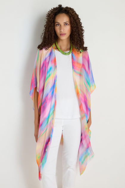 A person wearing the Painted Horizon Kimono stands against a plain white background.