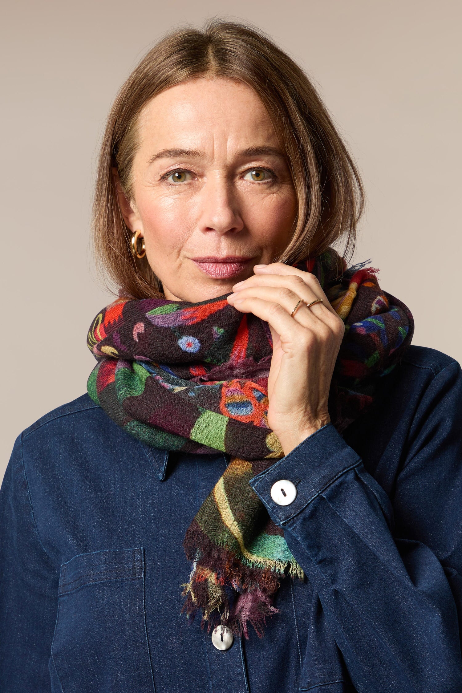 A woman in a Floral Garden Scarf.