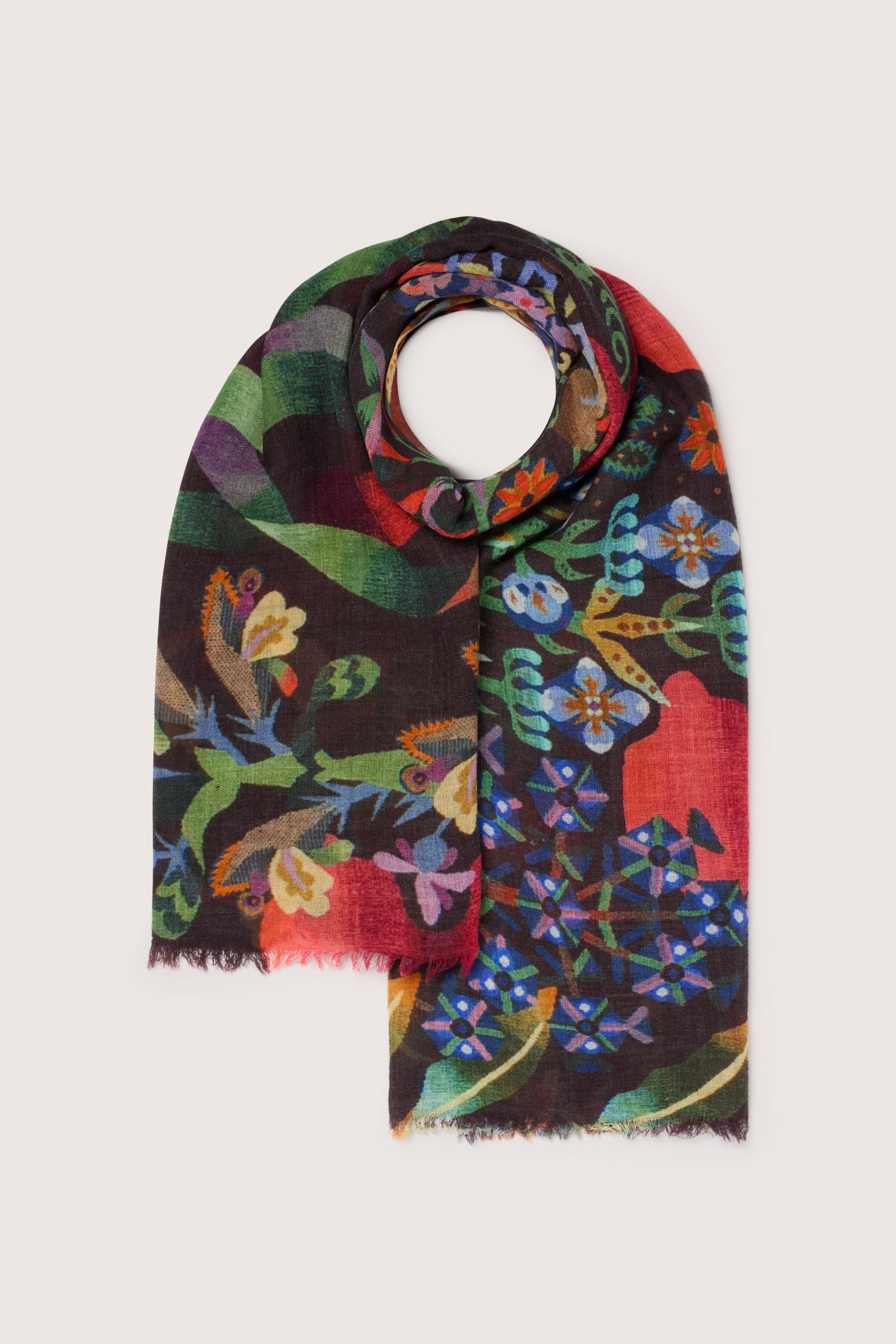 A luxurious Floral Garden Scarf with a colorful floral pattern, perfect as a statement accessory for all-occasion styling.