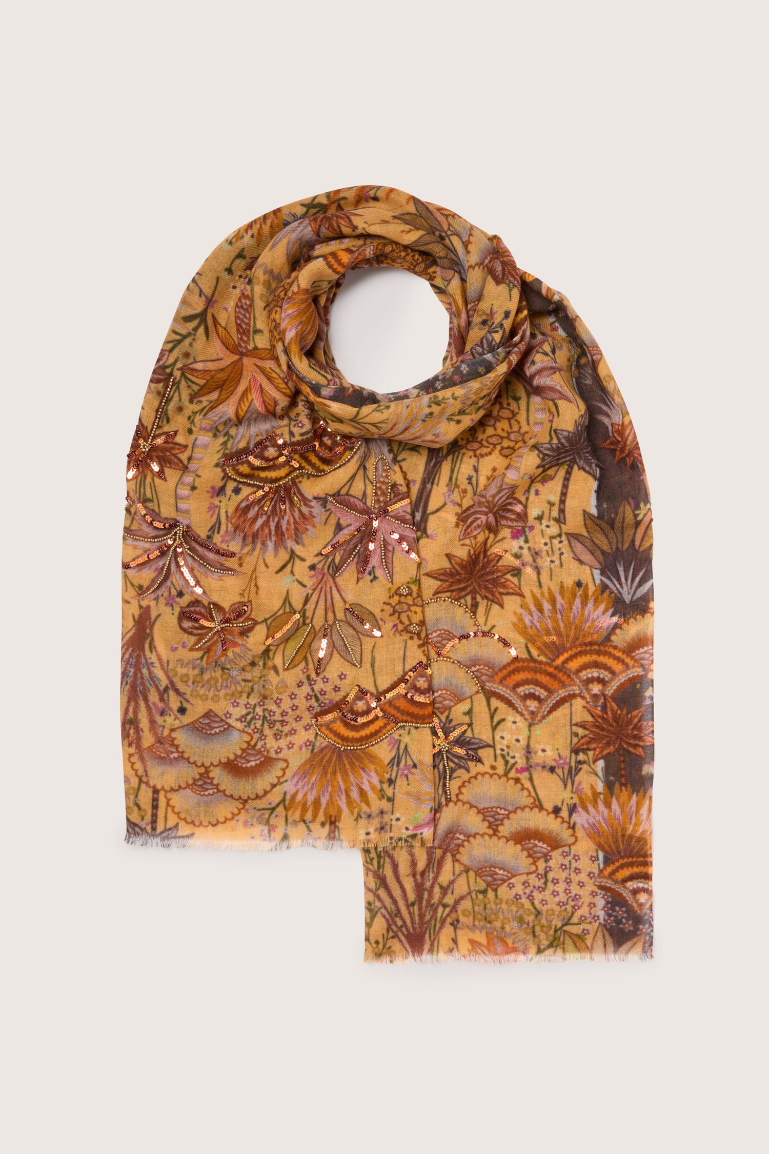 Paradise Sequin Detail Wool Scarf: A luxurious Paradise Sequin Detail Wool Scarf with an intricate floral print, making it a statement accessory.