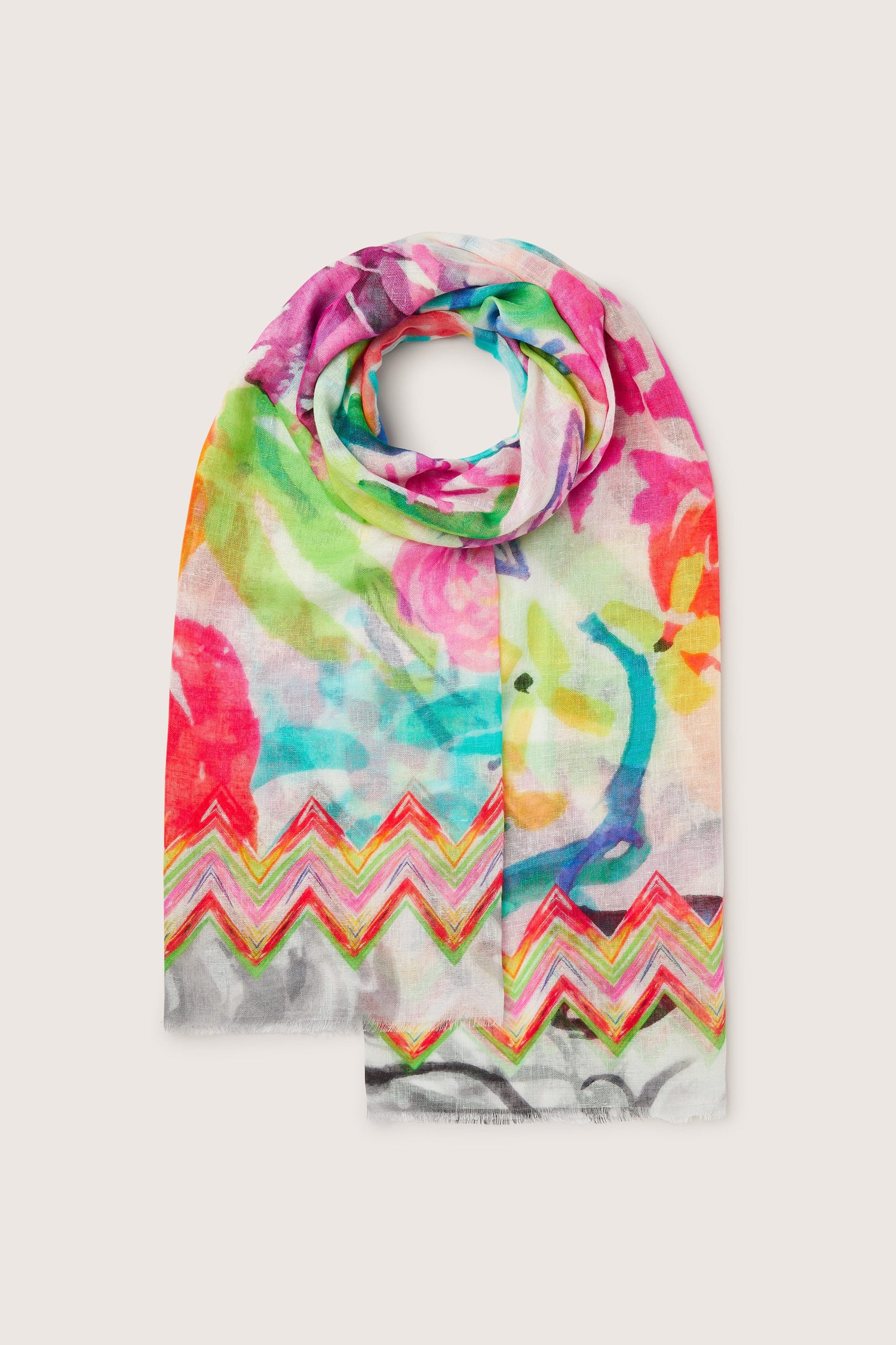 A lightweight scarf with a Graphic Floral Modal pattern on it.