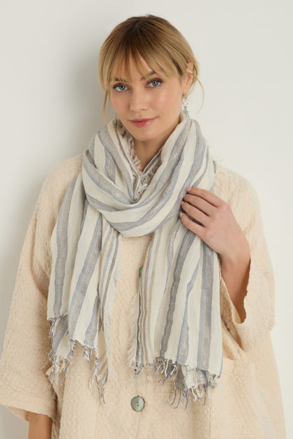 A woman stands against a plain background wearing a textured, light-colored coat and the Lurex Stripe Cotton Blend Scarf—white with blue and gray vertical stripes.