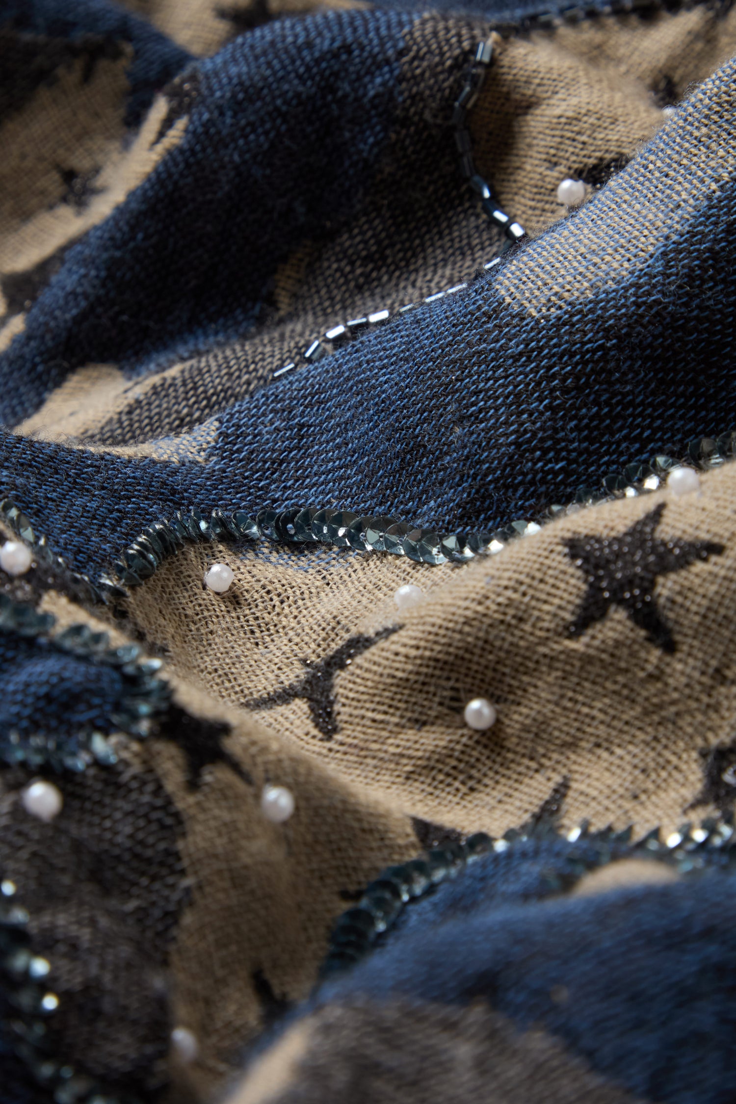 Close-up of the Night Sky Sequin Wool Scarf, showcasing blue and beige panels adorned with black star motifs, delicate white pearls, crystal-inspired beads, and subtle sequin accents for a celestial effect.