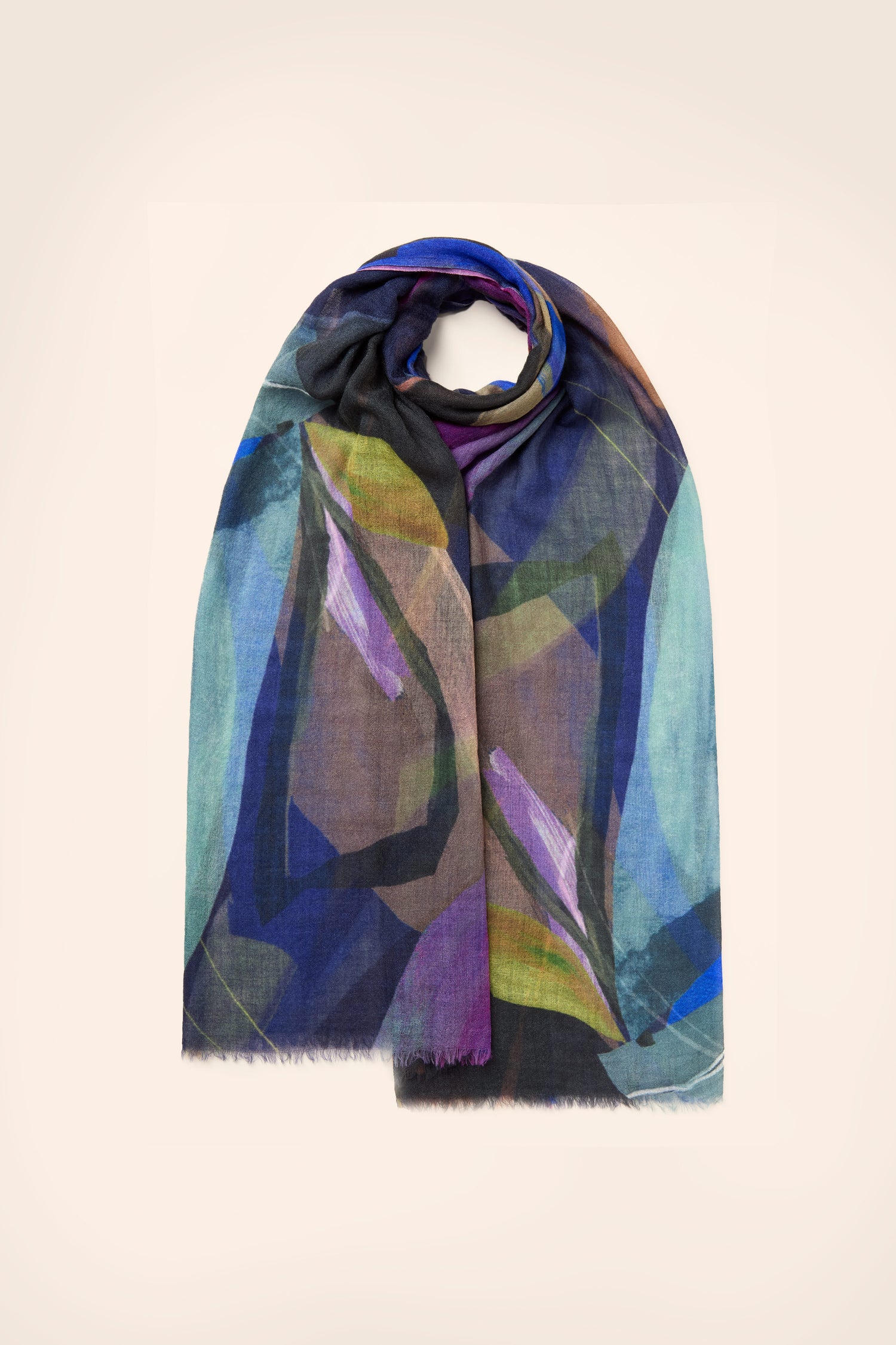 The Abstract Plume Wool Scarf features a hand-painted design with abstract geometric patterns in blue, green, purple, and brown shades against a plain background. Made from premium wool, it offers ultimate comfort and style.