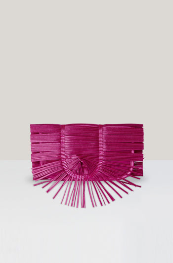 The Pleated Clutch is a versatile pink accessory with fringes on it, perfect for any occasion.