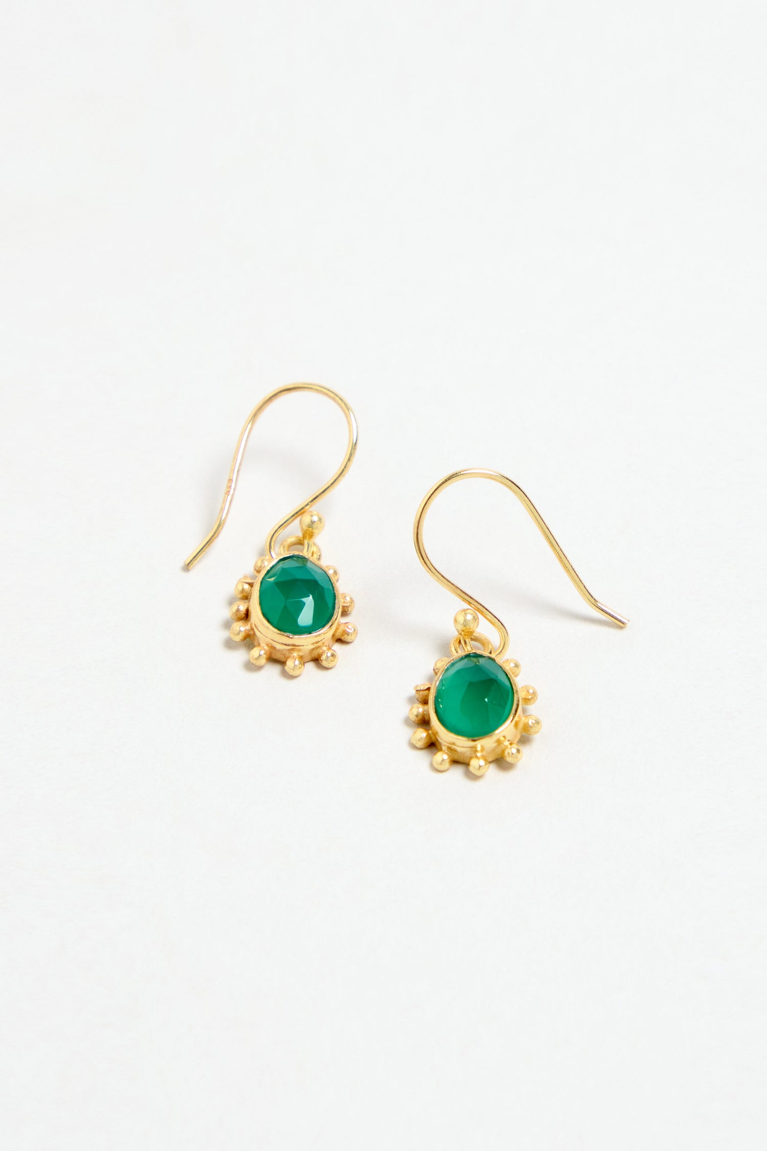 Gold Vermeil Green Onyx Earrings featuring round green onyx gemstones accented by gold beads, displayed on a white background.