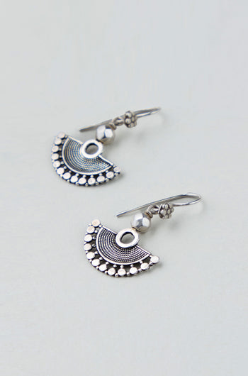 Silver Mini Fan Earrings crafted from sterling silver feature intricate detailing and small bead accents, shown on a light background.