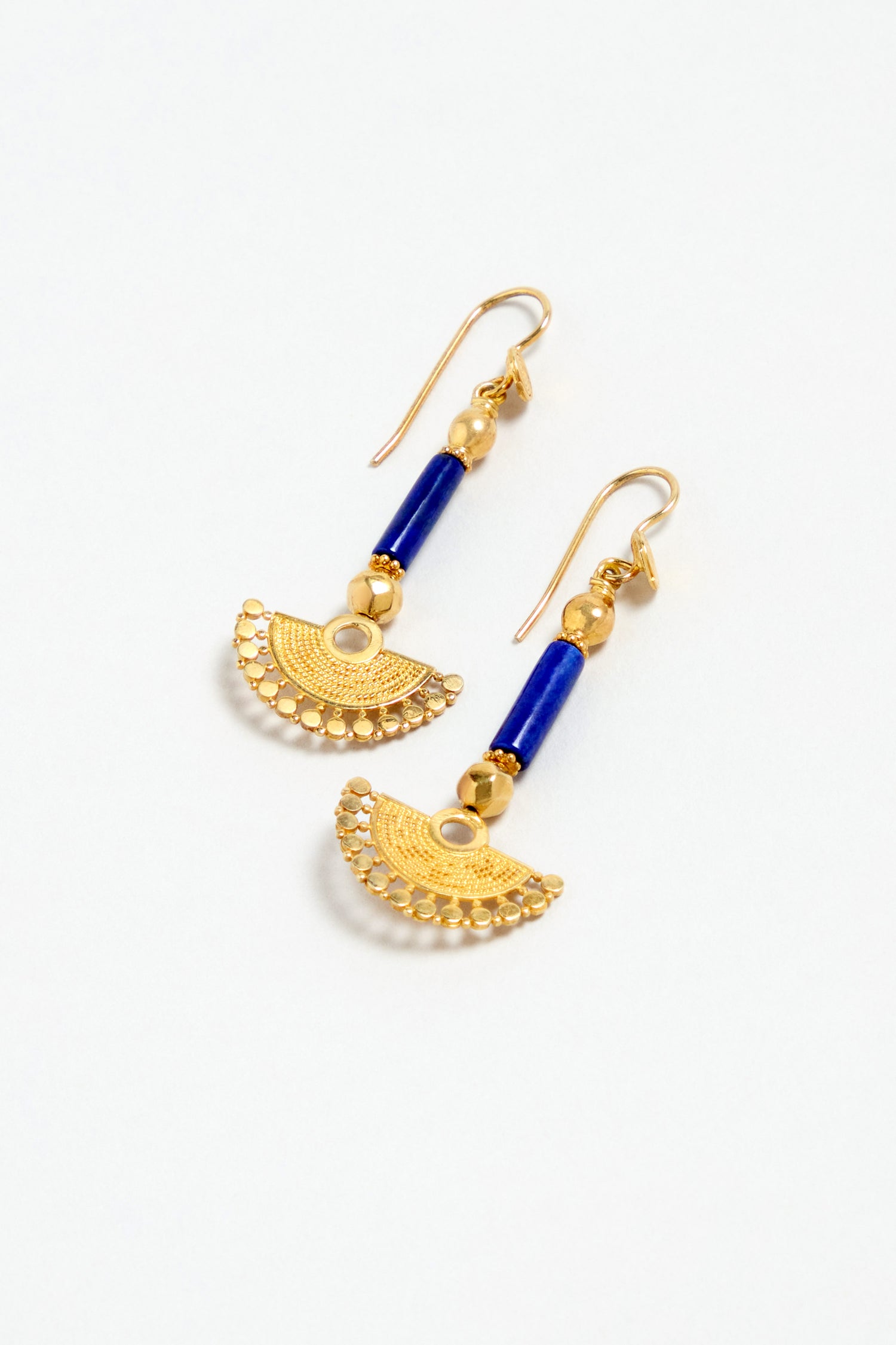 Gold Vermeil Lapis Fan Earrings featuring decorative gold fan-shaped pendants and blue lapis accents with hooked ear wires, displayed on a white background—a sophisticated update to your jewelry collection.