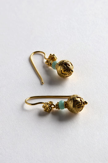 The Gold Vermeil Amazonite Bead Earrings feature intricate designs, fishhook closures, and light blue Amazonite drops, all set on a white surface—a true standout in any jewelry collection.