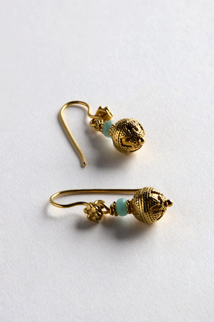 The Gold Vermeil Amazonite Bead Earrings feature intricate designs, fishhook closures, and light blue Amazonite drops, all set on a white surface—a true standout in any jewelry collection.