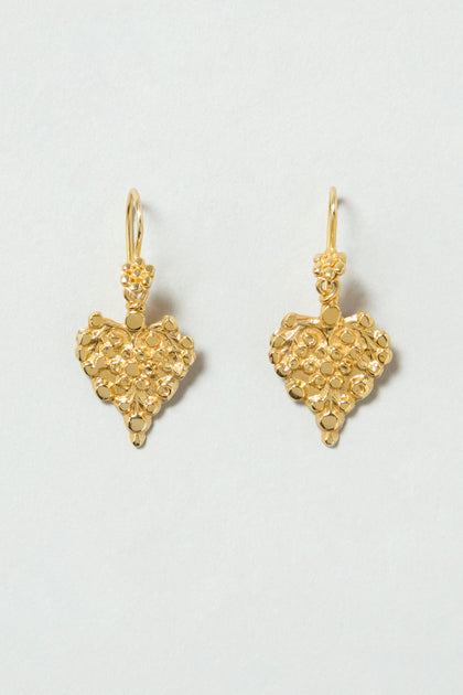 Gold Vermeil Heart Earrings featuring textured, floral-inspired detailing and a heart-shaped drop design, shown against a light background.