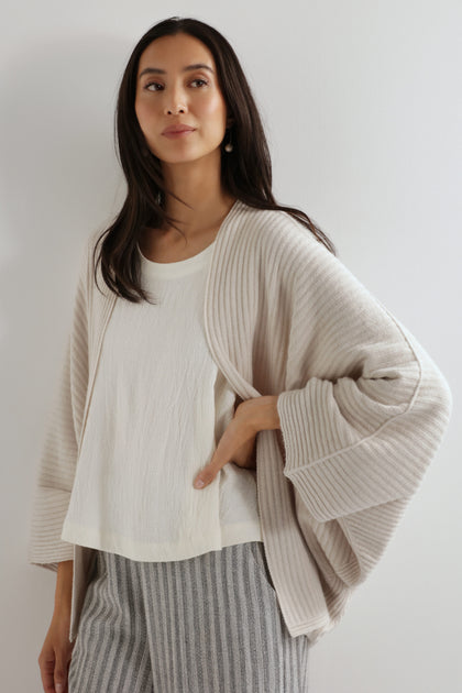 Cream Ribbed Batwing Cardi