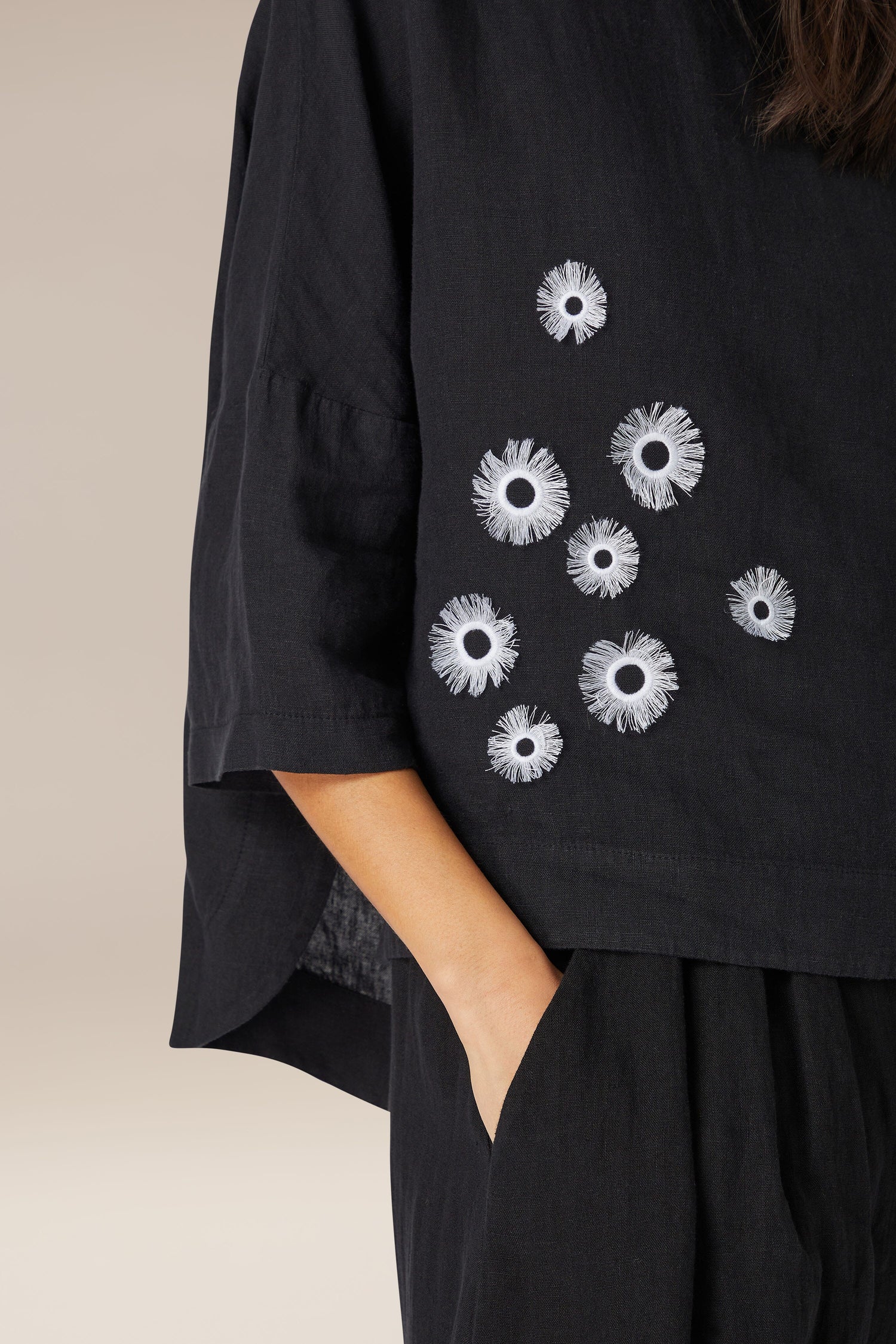 Close-up of a black garment with white floral embroidery on an avant-garde design Daisy Linen Top featuring a high boat neck.