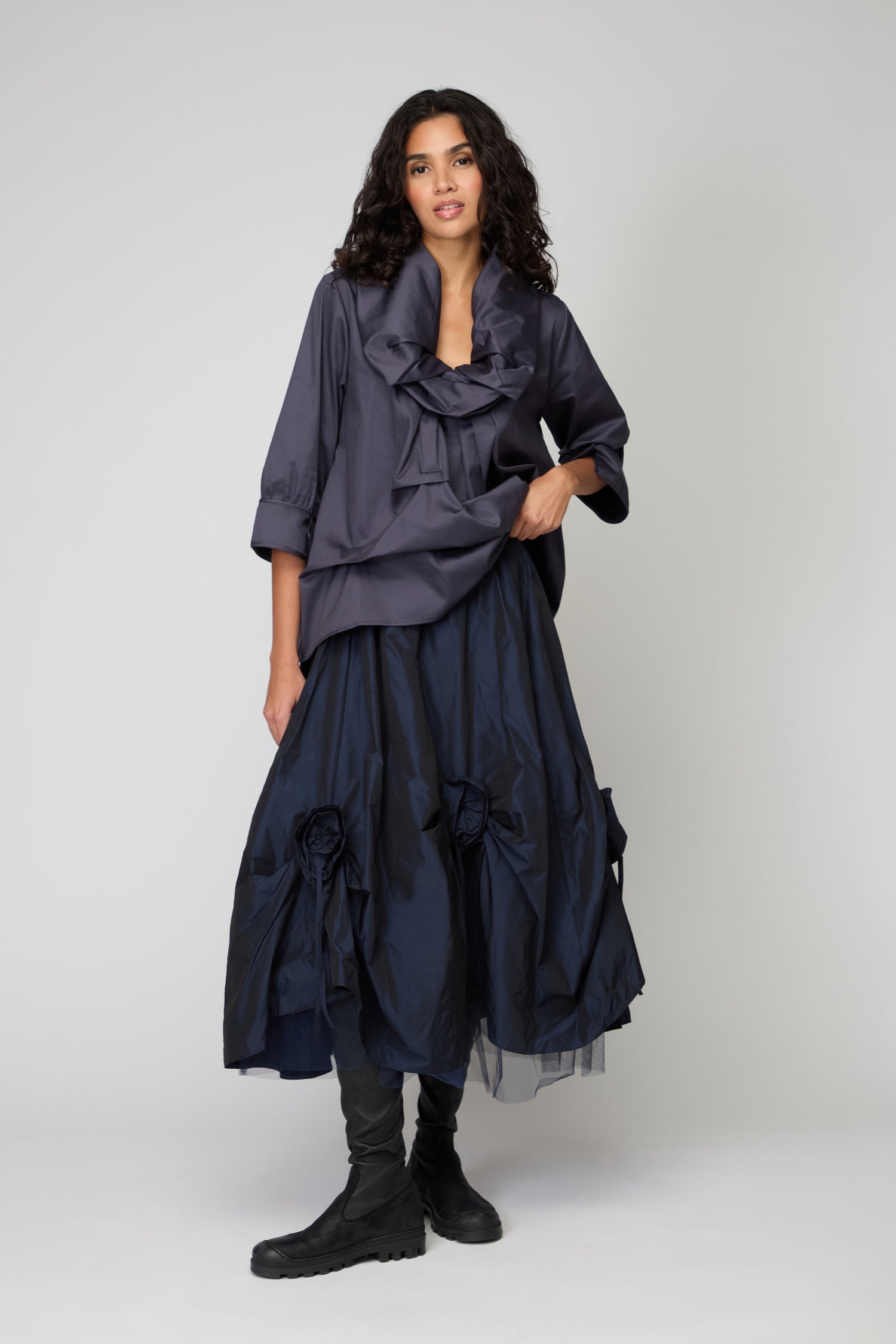Navy Flower Detail Taffetta Skirt