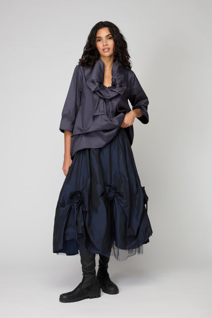 Navy Flower Detail Taffetta Skirt