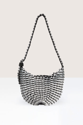 Silver-toned metallic mesh Bellani Small Bottletop Handbag on a neutral background, featuring a signature chainmail design.