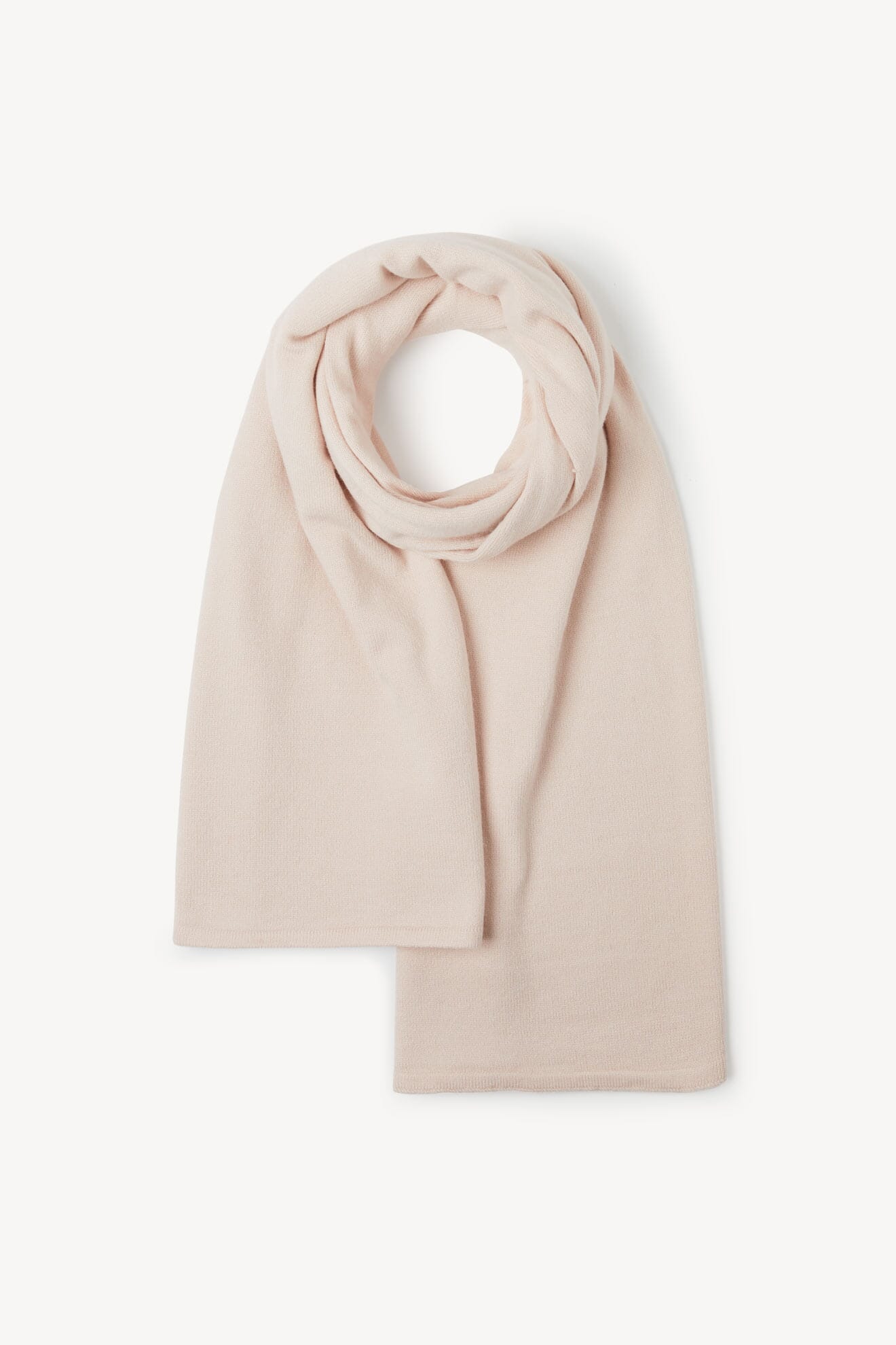 A light beige Knit Scarf is laid flat on a white background, with one end looped in a circle and the other draped straight beside it.