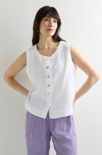 White Sleeveless Linen Button Vest