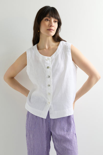 White Sleeveless Linen Button Vest