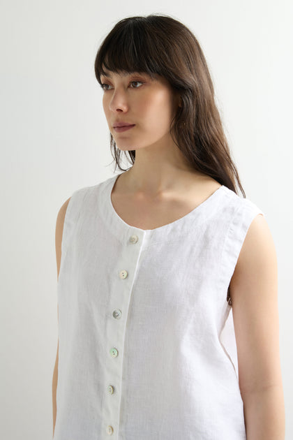 White Sleeveless Linen Button Vest