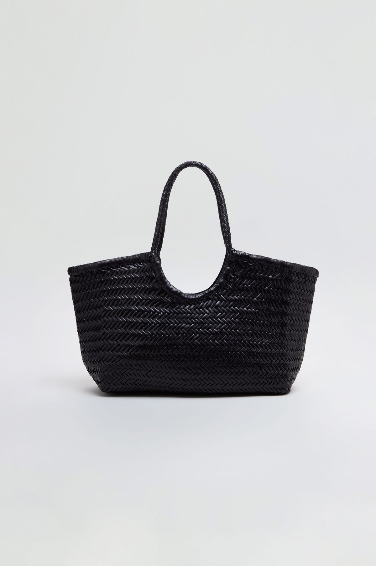 Nantucket Woven Black Leather Bag with two handles, expertly crafted from handwoven buffalo calf leather, displayed against a plain light gray background.