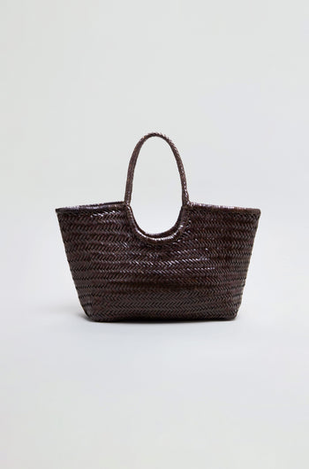 Nantucket Woven Dark Brown Leather Bag with two handles, displayed against a light gray background.