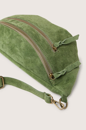 A green Large Suede Crossbody Bag with a zipper.