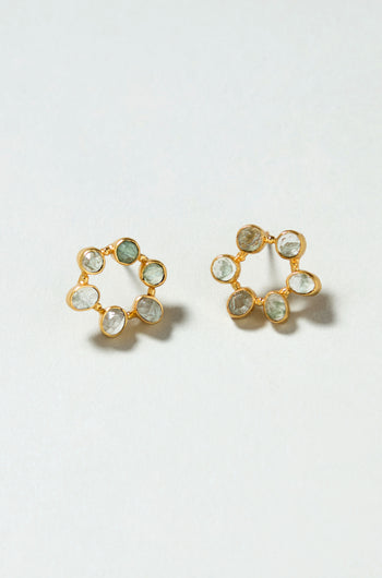 The Hand Crafted Aqua Crackle Mini Stone Earrings are gold plated and feature six small, irregular gemstones arranged in a circular pattern.
