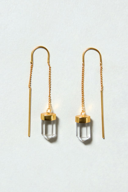 Hand Crafted Clear Quartz Crystal Drop Earrings, featuring gold plated chain threaders and clear hexagonal crystal pendants, perfect for anyone who loves elegant crystal drop earrings, shown on a light neutral background.