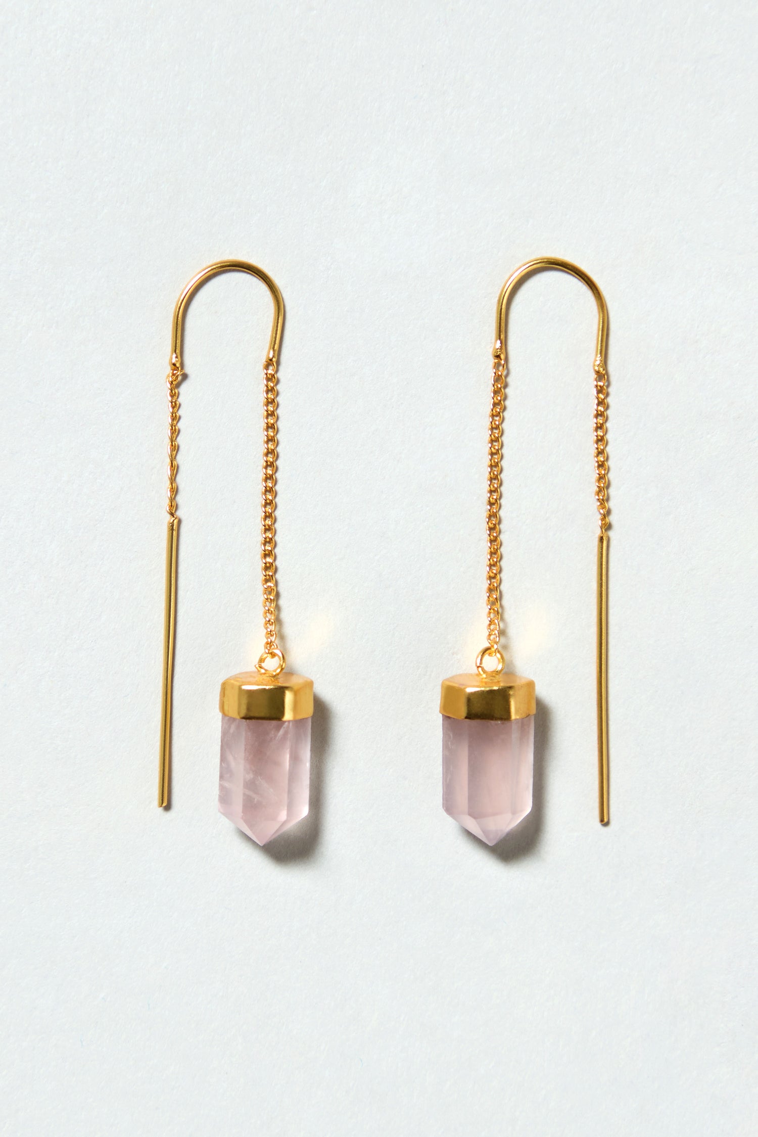 Rose Quartz Crystal Drop Earrings featuring handcrafted pink crystal point pendants, gold threaders, and delicate chain accents, displayed on a light background.