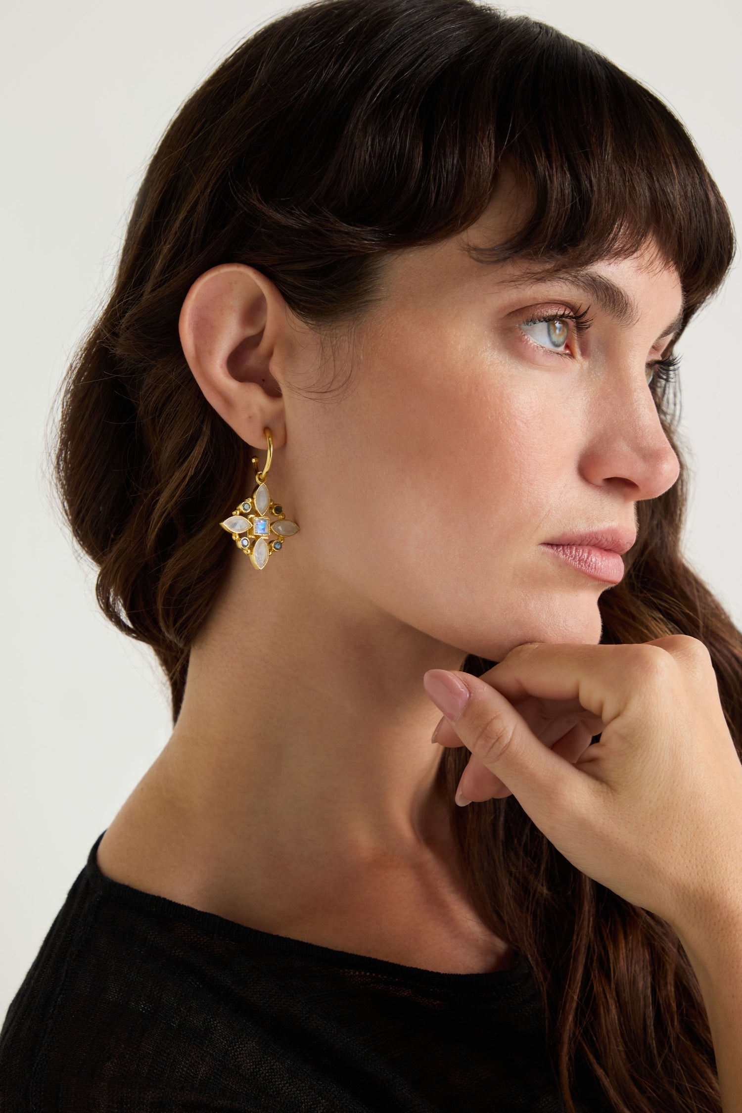 A woman with long brown hair and bangs, posed in profile with her hand near her chin, wears Hand Crafted Moonstone Labradorite Decorative Earrings and a black top.