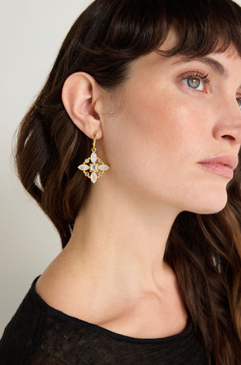 A woman with long brown hair is shown in profile against a plain background, wearing large Hand Crafted Moonstone Labradorite Decorative Earrings.