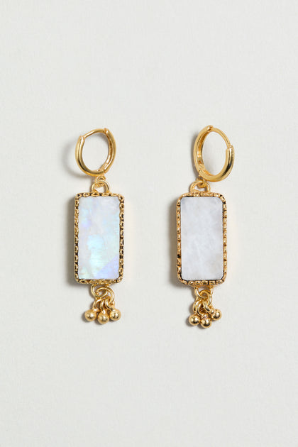Hand Crafted Rainbow Moonstone Rectangle Earrings featuring white stone inlays and gold bead accents at the bottom, displayed on a light background.