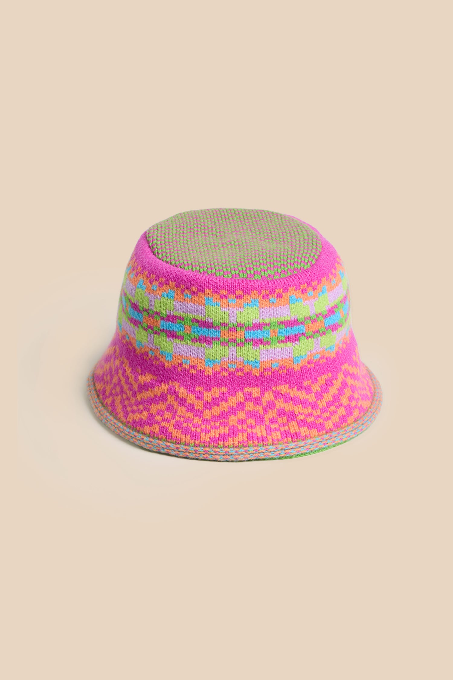 Stobo Graffiti Merino Bucket Hat in a multicoloured Fair Isle knit with a geometric pattern in pink, green, orange, and blue.