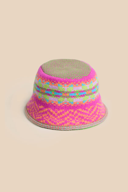 Stobo Graffiti Merino Bucket Hat in a multicoloured Fair Isle knit with a geometric pattern in pink, green, orange, and blue.