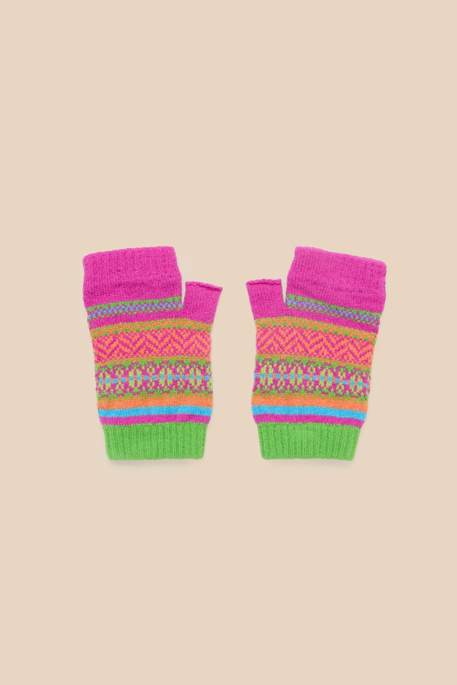 Stobo Graffiti Merino Open Mitts, a pair of fingerless Scottish knitwear gloves with horizontal bands of colorful geometric patterns in pink, orange, blue, and green.