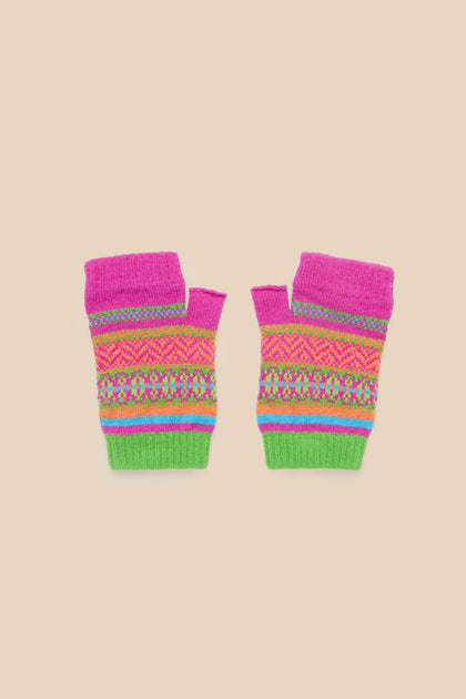 Stobo Graffiti Merino Open Mitts, a pair of fingerless Scottish knitwear gloves with horizontal bands of colorful geometric patterns in pink, orange, blue, and green.
