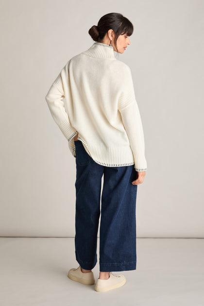 Blanket Stitch Funnel Neck Cashmere Knit