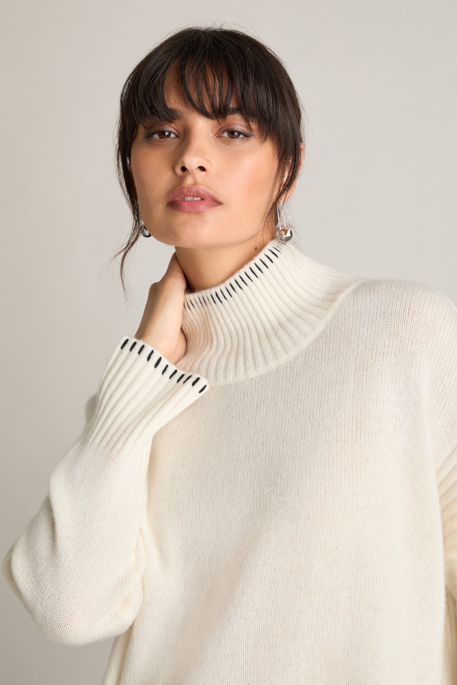 Blanket Stitch Funnel Neck Cashmere Knit