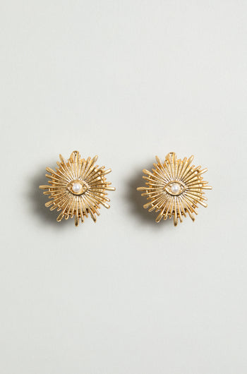 Gold Plated Luna Pearl Earrings featuring a sunburst design with a delicate pearl center, shown on a plain light background.