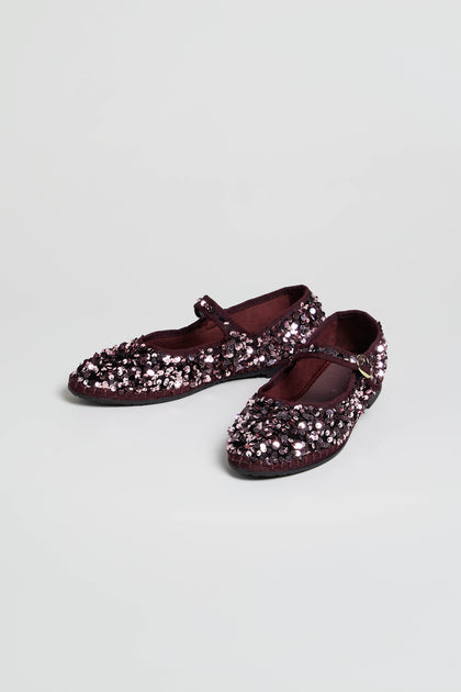 Sequin Mary Jane Shoes in maroon, handmade in Spain and embellished with sparkling sequins and beads, shown against a simple light background.