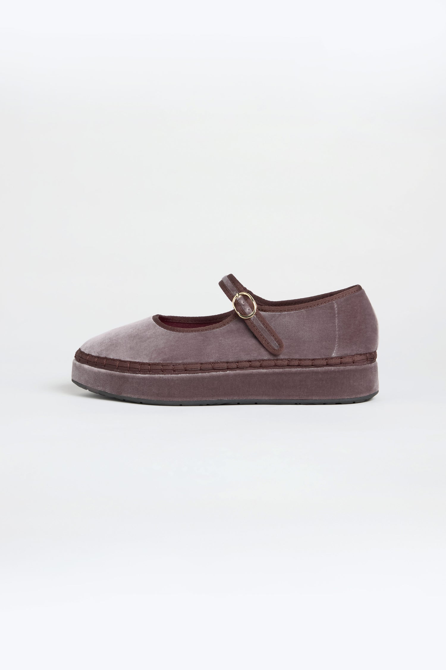 A single Taupe Velvet Platform Mary Jane Shoe with a strap and buckle, flat sole, and rounded toe, featuring a soft cotton velvet upper, displayed on a plain light background.