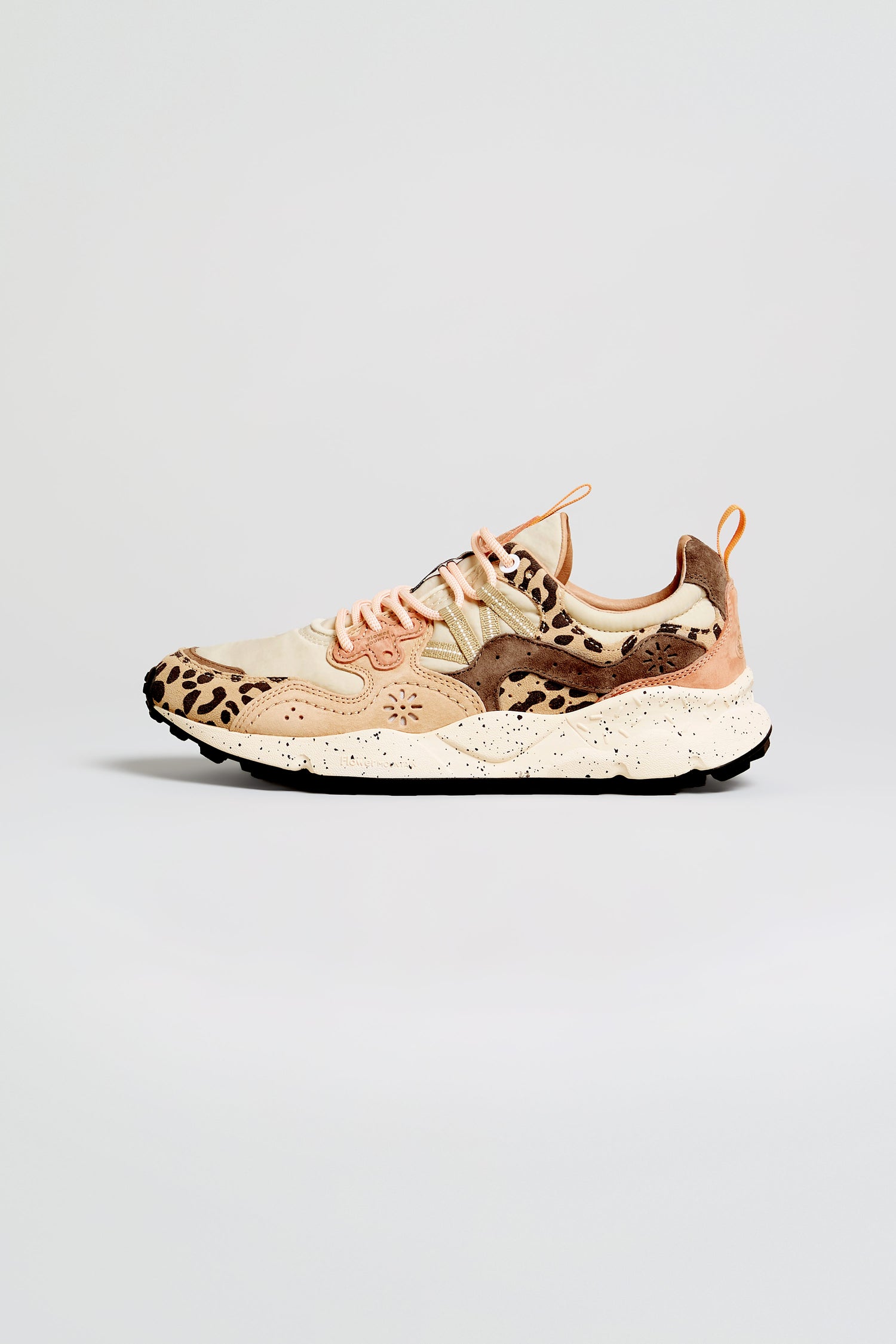 Showcased on a neutral background, the Yamano 3 Cheetah Detail Trainers feature tan suede uppers with black cheetah print accents, light brown and cream overlays, beige laces, and a chunky white sole for a stylish finish.