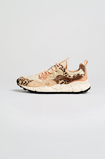Showcased on a neutral background, the Yamano 3 Cheetah Detail Trainers feature tan suede uppers with black cheetah print accents, light brown and cream overlays, beige laces, and a chunky white sole for a stylish finish.